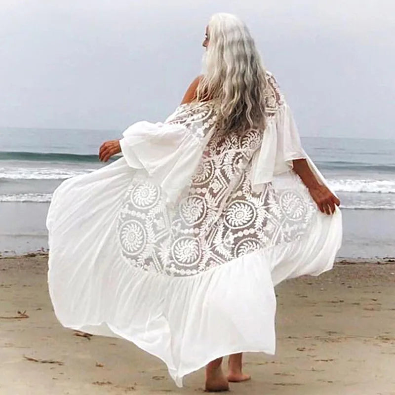 White  Bikini Cover Ups  Lace  Women  Beach  Sexy  See Through  Transparent  Ruffles  Tunic  Vestidos  Boho Dress