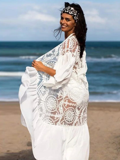 White  Bikini Cover Ups  Lace  Women  Beach  Sexy  See Through  Transparent  Ruffles  Tunic  Vestidos  Boho Dress