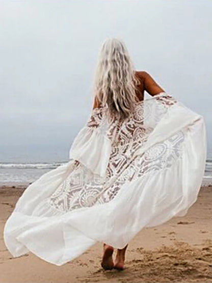 White  Bikini Cover Ups  Lace  Women  Beach  Sexy  See Through  Transparent  Ruffles  Tunic  Vestidos  Boho Dress