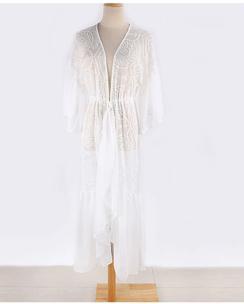 White  Bikini Cover Ups  Lace  Women  Beach  Sexy  See Through  Transparent  Ruffles  Tunic  Vestidos  Boho Dress