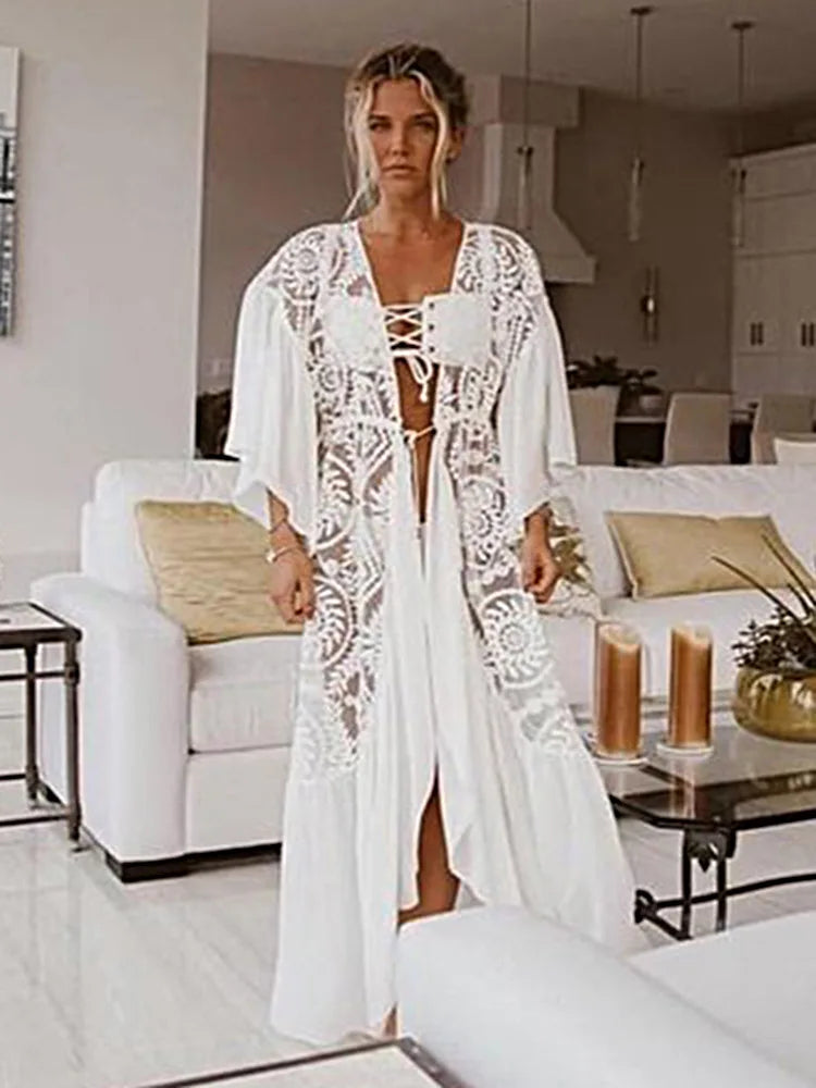 White  Bikini Cover Ups  Lace  Women  Beach  Sexy  See Through  Transparent  Ruffles  Tunic  Vestidos  Boho Dress