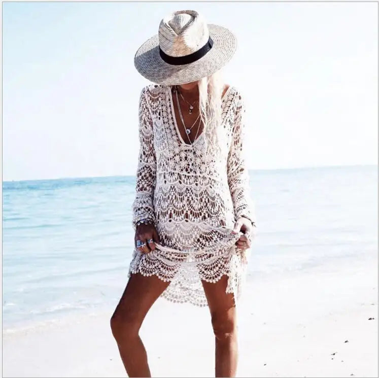 White  Sexy  Crochet Lace  Women  Bikini Cover Up  Hollow Out  See Through  Robe  Beach Wear  Summer  Mini Boho Dress