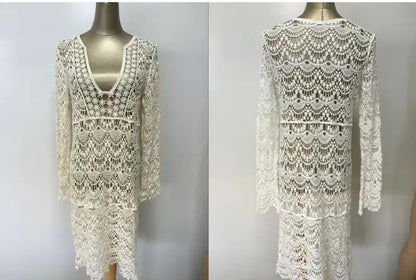 White  Sexy  Crochet Lace  Women  Bikini Cover Up  Hollow Out  See Through  Robe  Beach Wear  Summer  Mini Boho Dress