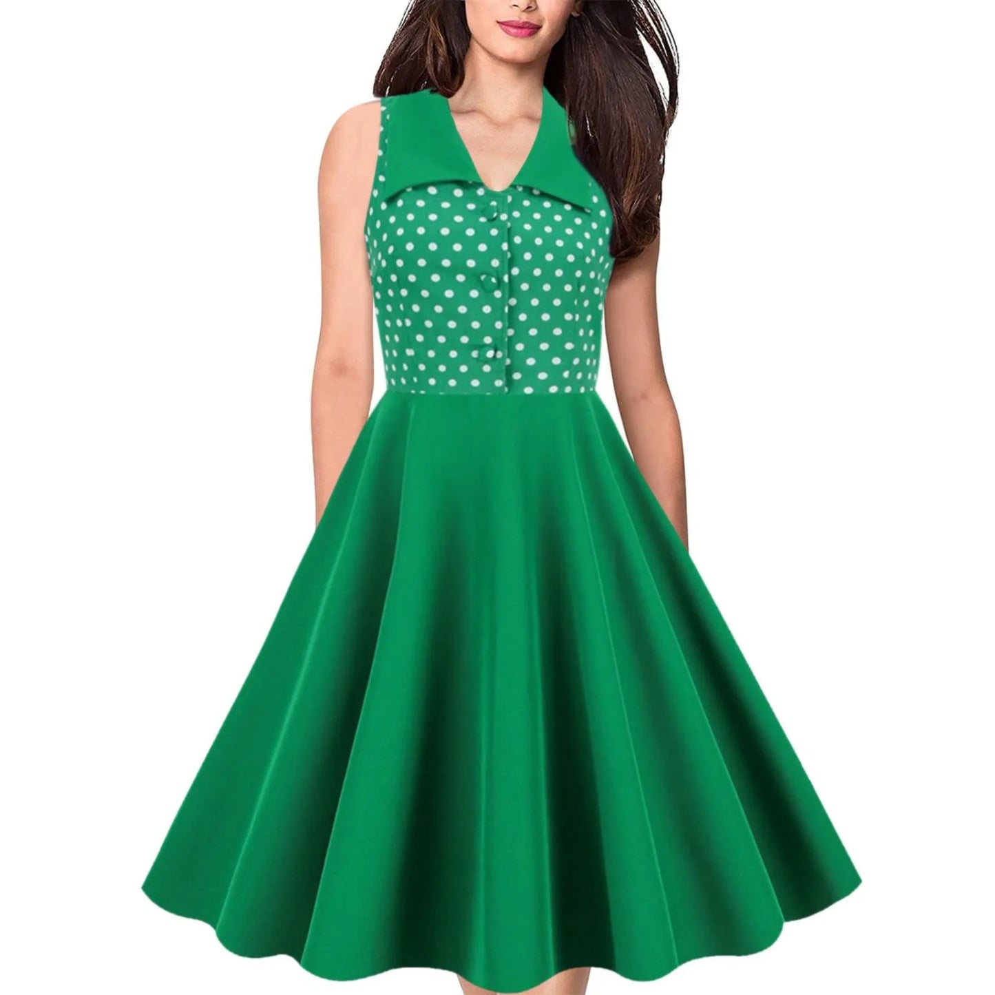 Turn-Down Collar Button Up Polka Dot Pinup Vintage Midi Sleeveless Elegant Retro A-Line Swing Dress