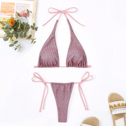 2024 U Neck Wide Strap Rib Solid  Bandage Bikini Sets