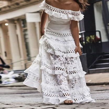 2024 Elegant White Lace Off Shoulder Boho Dress