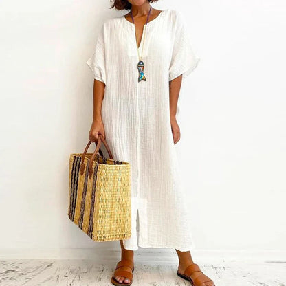 2024 Vintage Solid Cotton Linen V-Neck Split Boho Dress