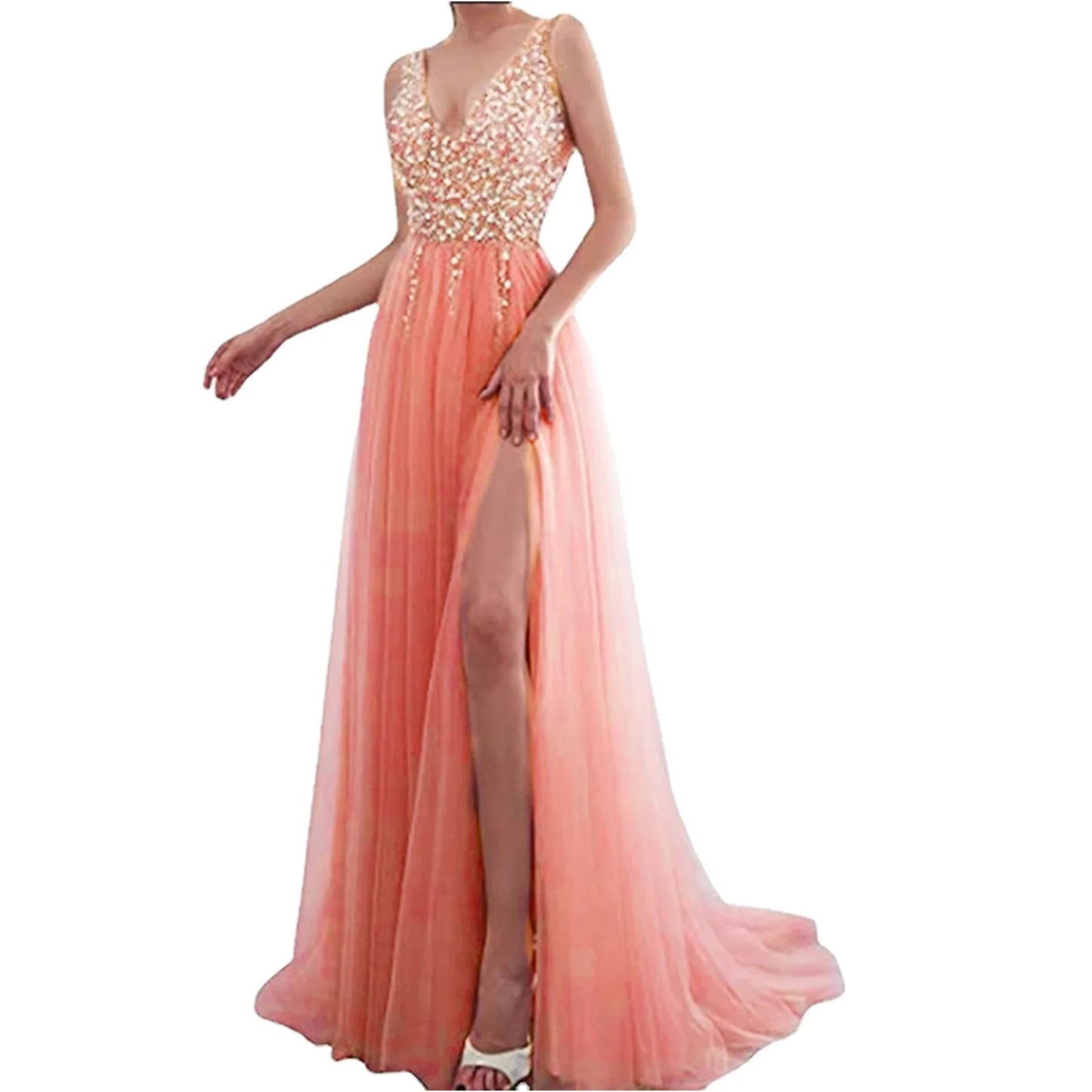 Wedding Prom Embroidered Sequins Sexy Sleeveless Deep V Neck Maxi Elegant High Slit Evening Dress