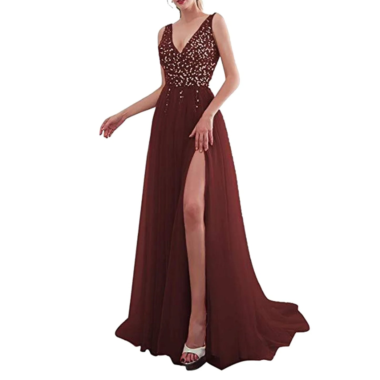 Wedding Prom Embroidered Sequins Sexy Sleeveless Deep V Neck Maxi Elegant High Slit Evening Dress