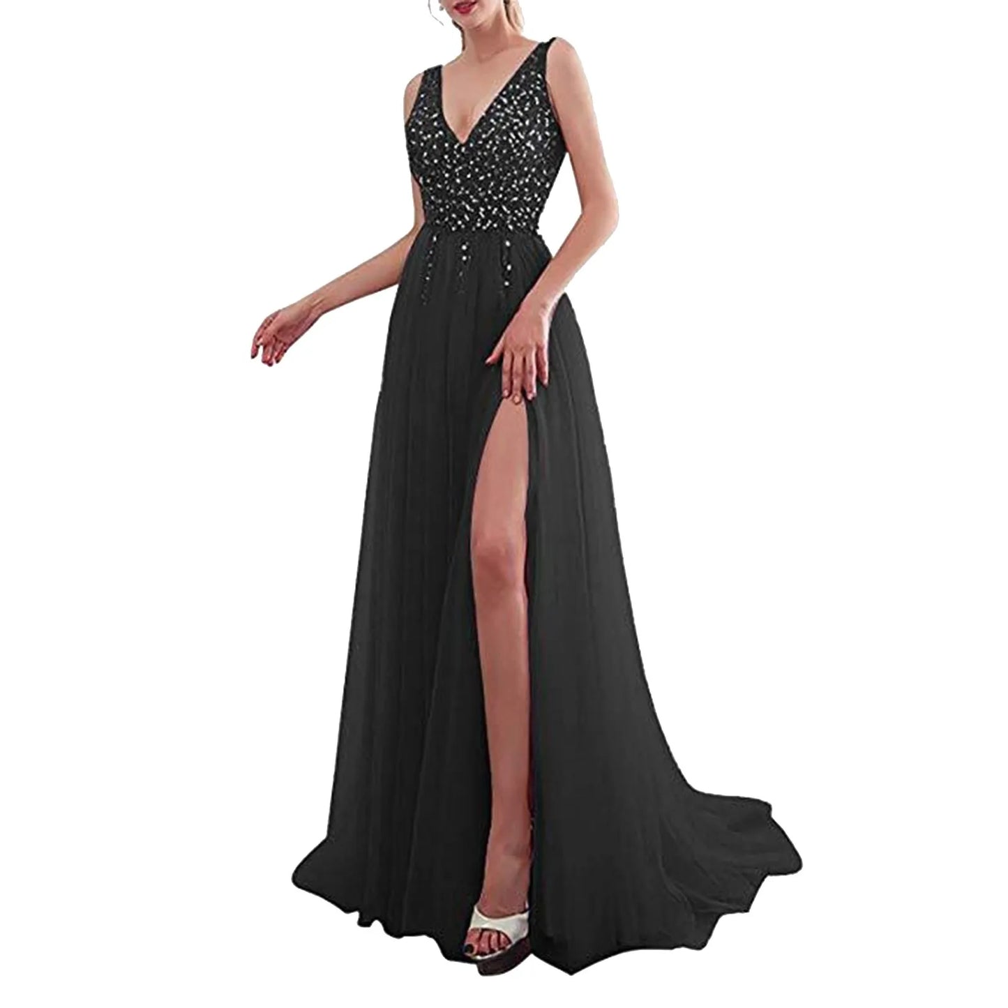 Wedding Prom Embroidered Sequins Sexy Sleeveless Deep V Neck Maxi Elegant High Slit Evening Dress