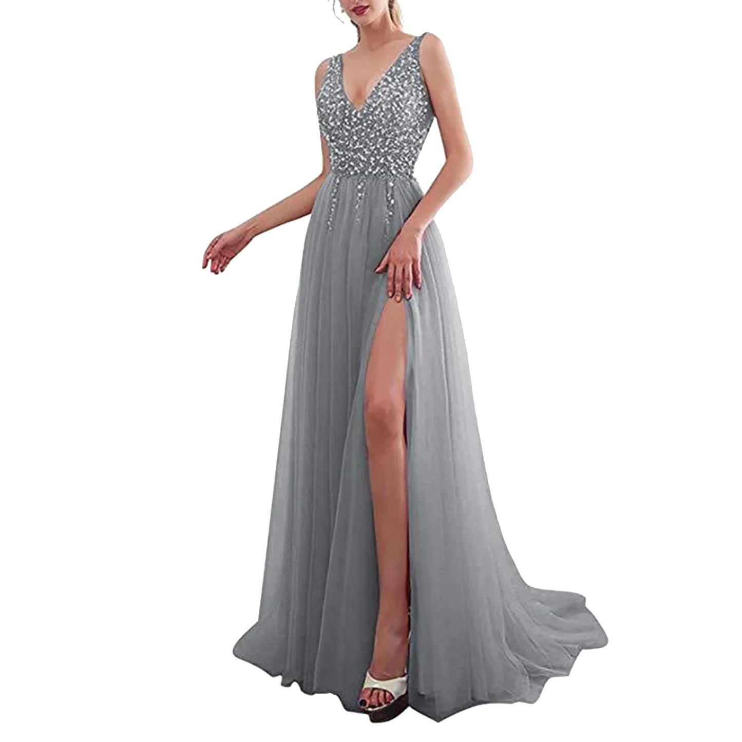 Wedding Prom Embroidered Sequins Sexy Sleeveless Deep V Neck Maxi Elegant High Slit Evening Dress