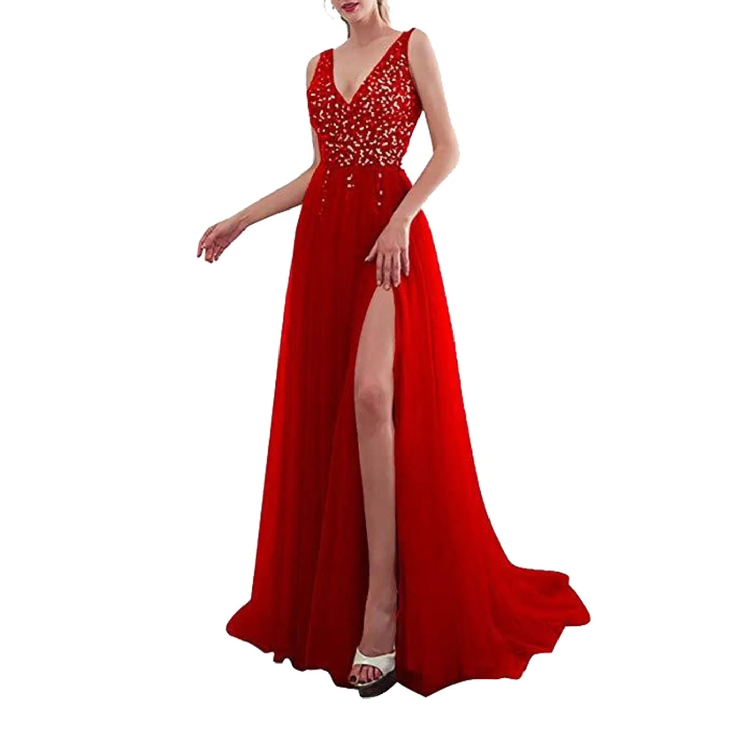 Wedding Prom Embroidered Sequins Sexy Sleeveless Deep V Neck Maxi Elegant High Slit Evening Dress