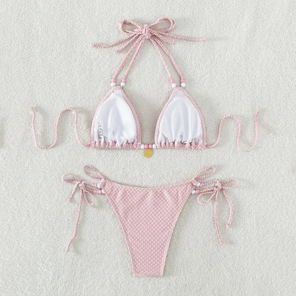 White Pink Push Up Thong Brazilian Swimming Bikini Sets