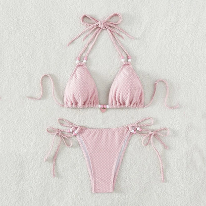 White Pink Push Up Thong Brazilian Swimming Bikini Sets