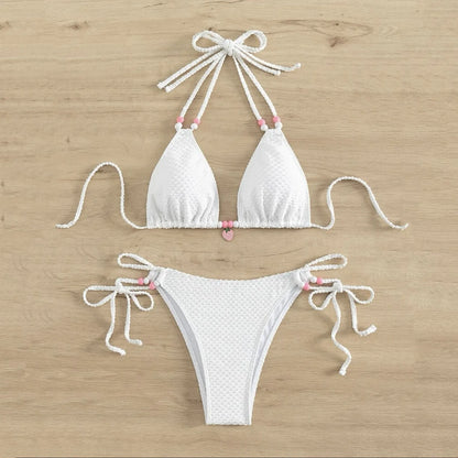 White Pink Push Up Thong Brazilian Swimming Bikini Sets