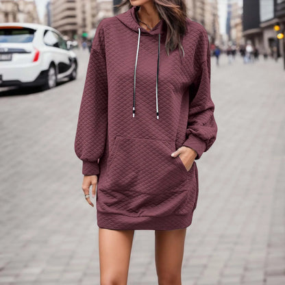 Solid Color Hoodies Casual Loose Pockets Drawstring Hooded Autumn Pullover Dress