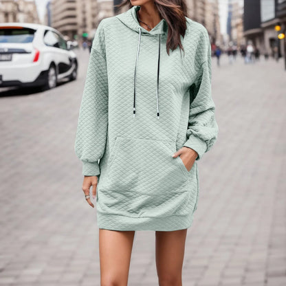 Solid Color Hoodies Casual Loose Pockets Drawstring Hooded Autumn Pullover Dress