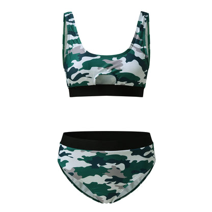 Camouflage Print Halter Splicing Split Beachwear Swimwear Bikini Sets