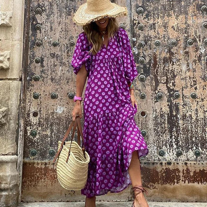 2024 Casual Summer Floral Printing V-Neck Boho Dress