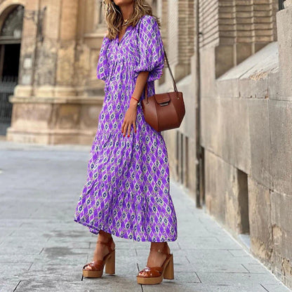 2024 Casual Summer Floral Printing V-Neck Boho Dress