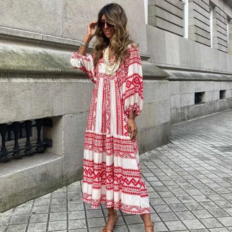 2024 Casual Summer Floral Printing V-Neck Boho Dress