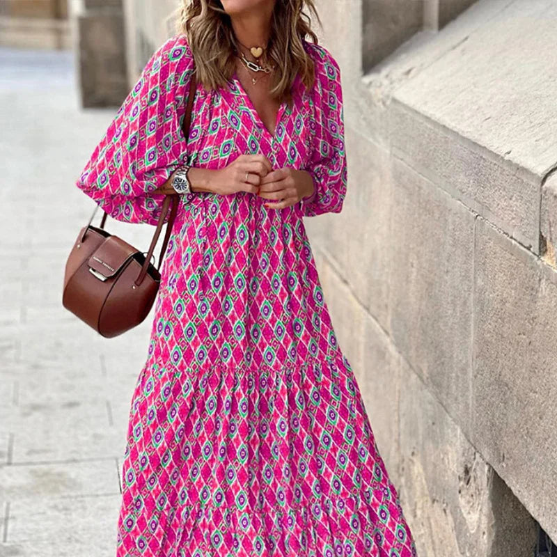 2024 Casual Summer Floral Printing V-Neck Boho Dress