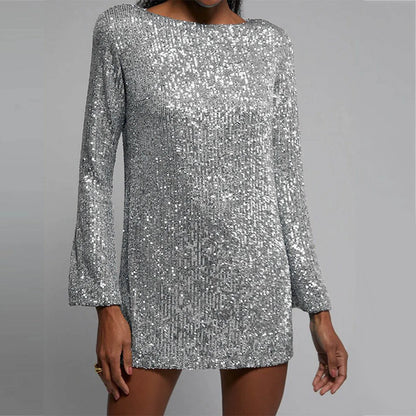 Fashion Sequins Party O Neck Long Sleeve Prom Solid Color Straight Short Women Spring Autumn Dress