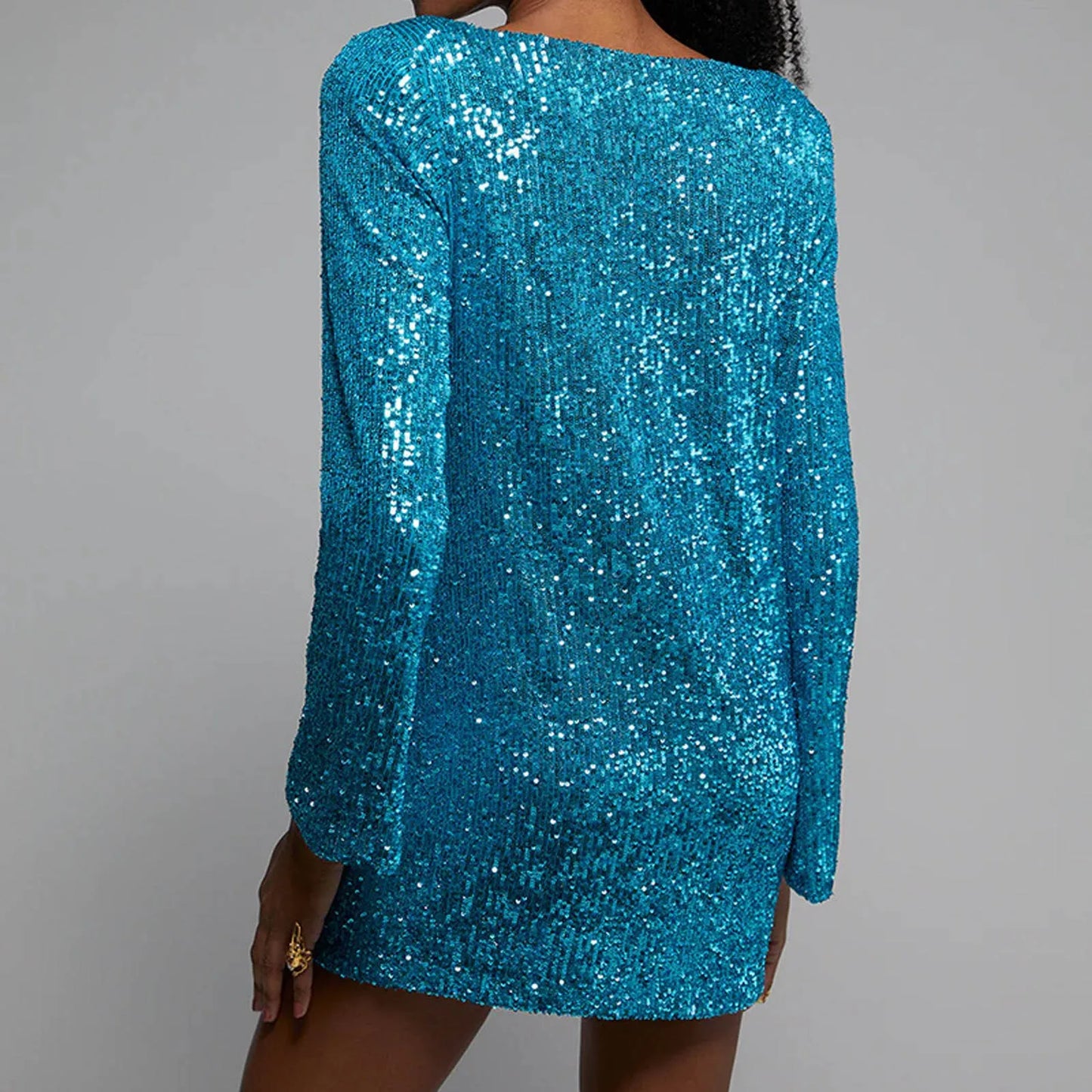 Fashion Sequins Party O Neck Long Sleeve Prom Solid Color Straight Short Women Spring Autumn Dress