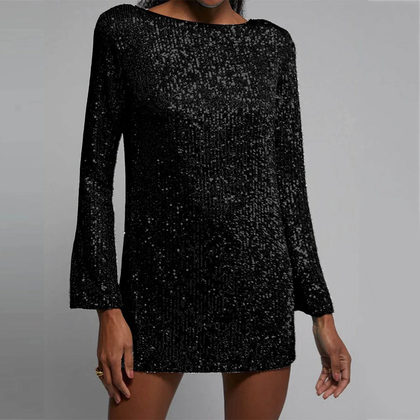 Fashion Sequins Party O Neck Long Sleeve Prom Solid Color Straight Short Women Spring Autumn Dress