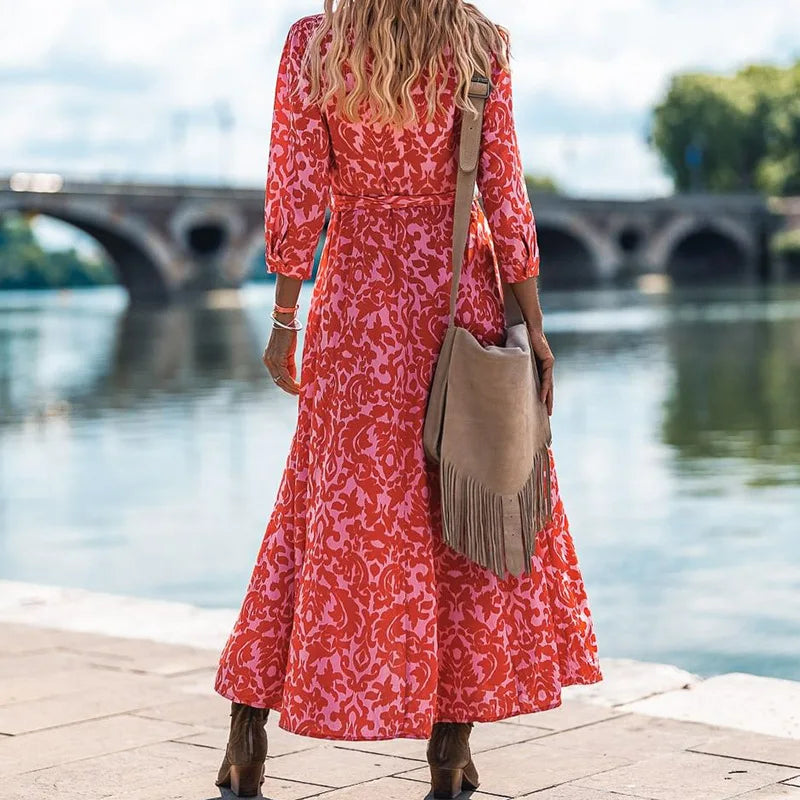 2024 Women Floral Print Spring Office Lapel Boho Dress