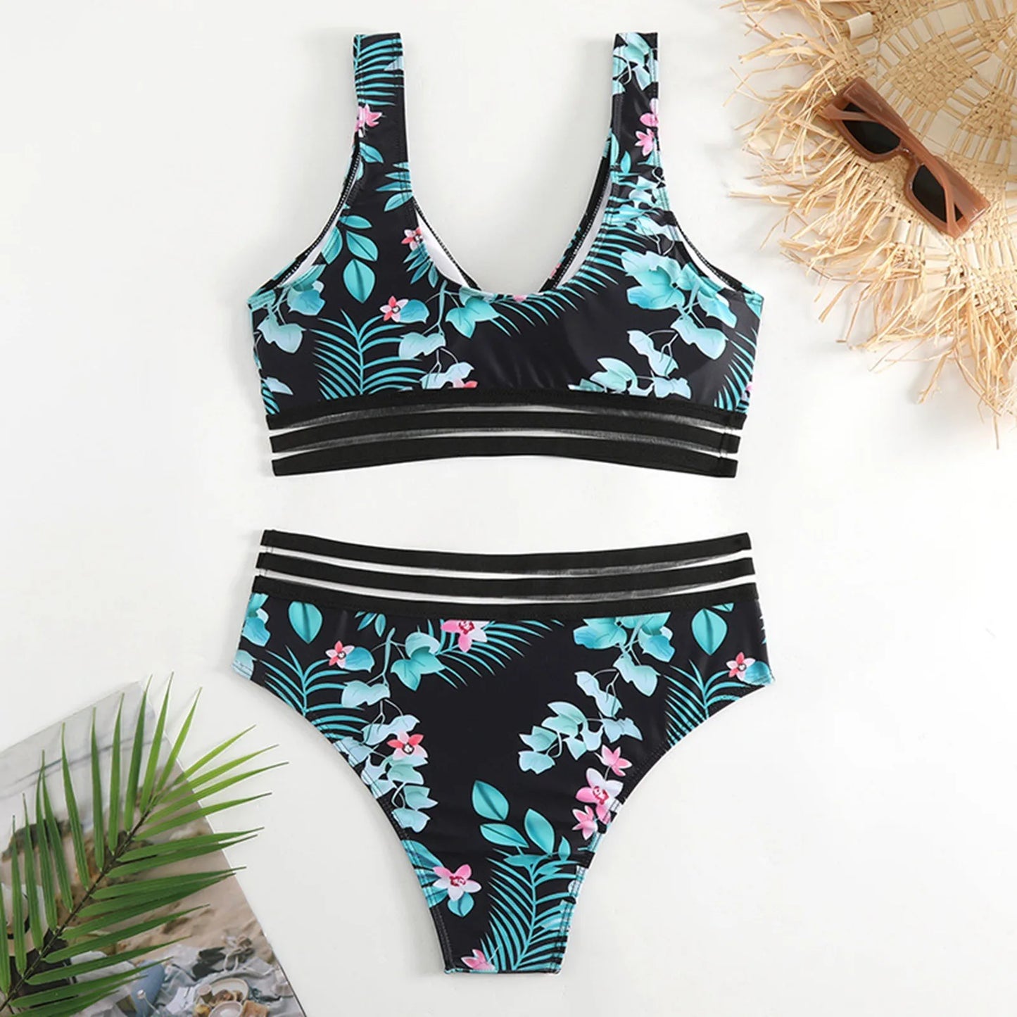 Women Leaf Print V Neck Vest With Wide Shoulder Straps Bikini Sets