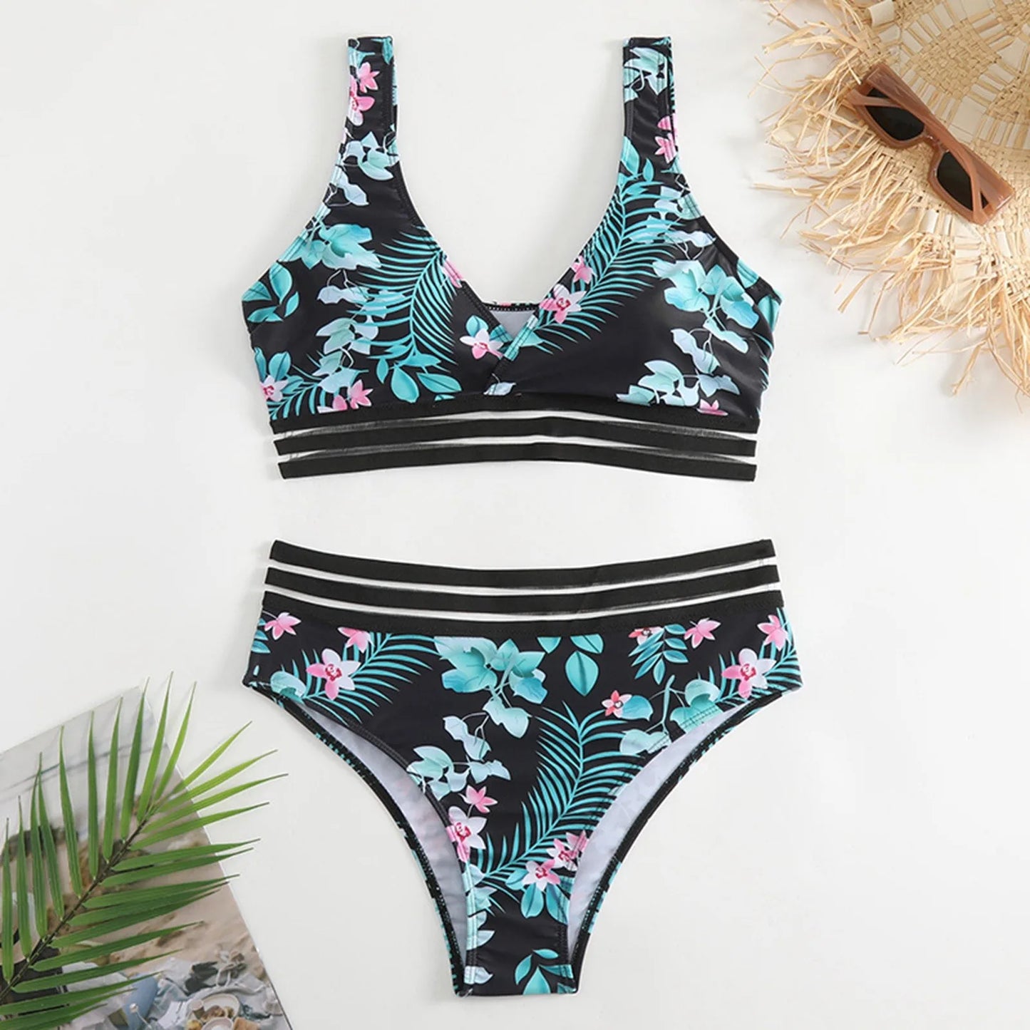 Women Leaf Print V Neck Vest With Wide Shoulder Straps Bikini Sets