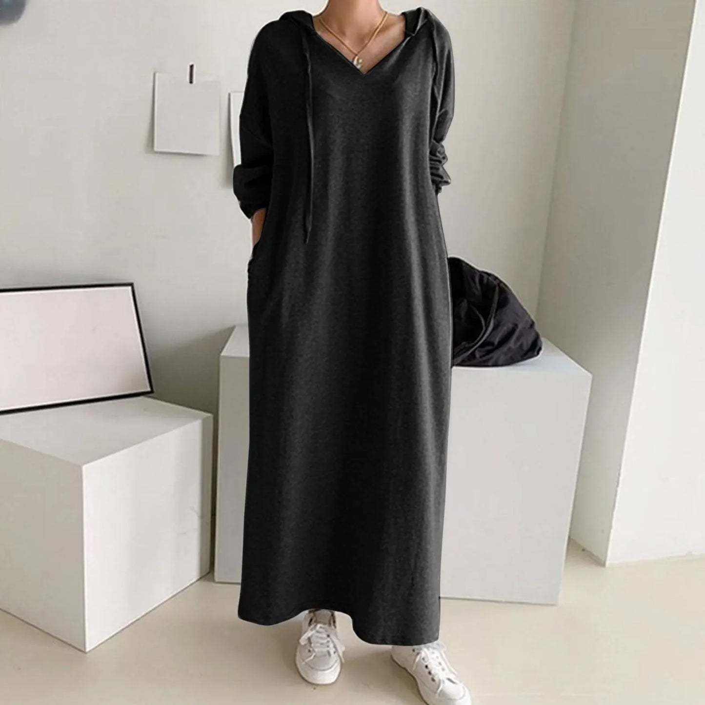 Solid Loose V Neck Casual Fashion Hooded Long Sleeve Drawstring Autumn Ladies Knee Length Dress