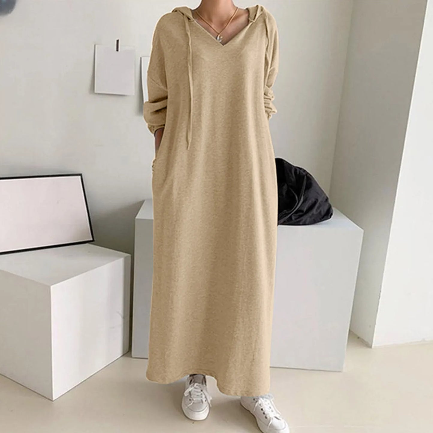 Solid Loose V Neck Casual Fashion Hooded Long Sleeve Drawstring Autumn Ladies Knee Length Dress