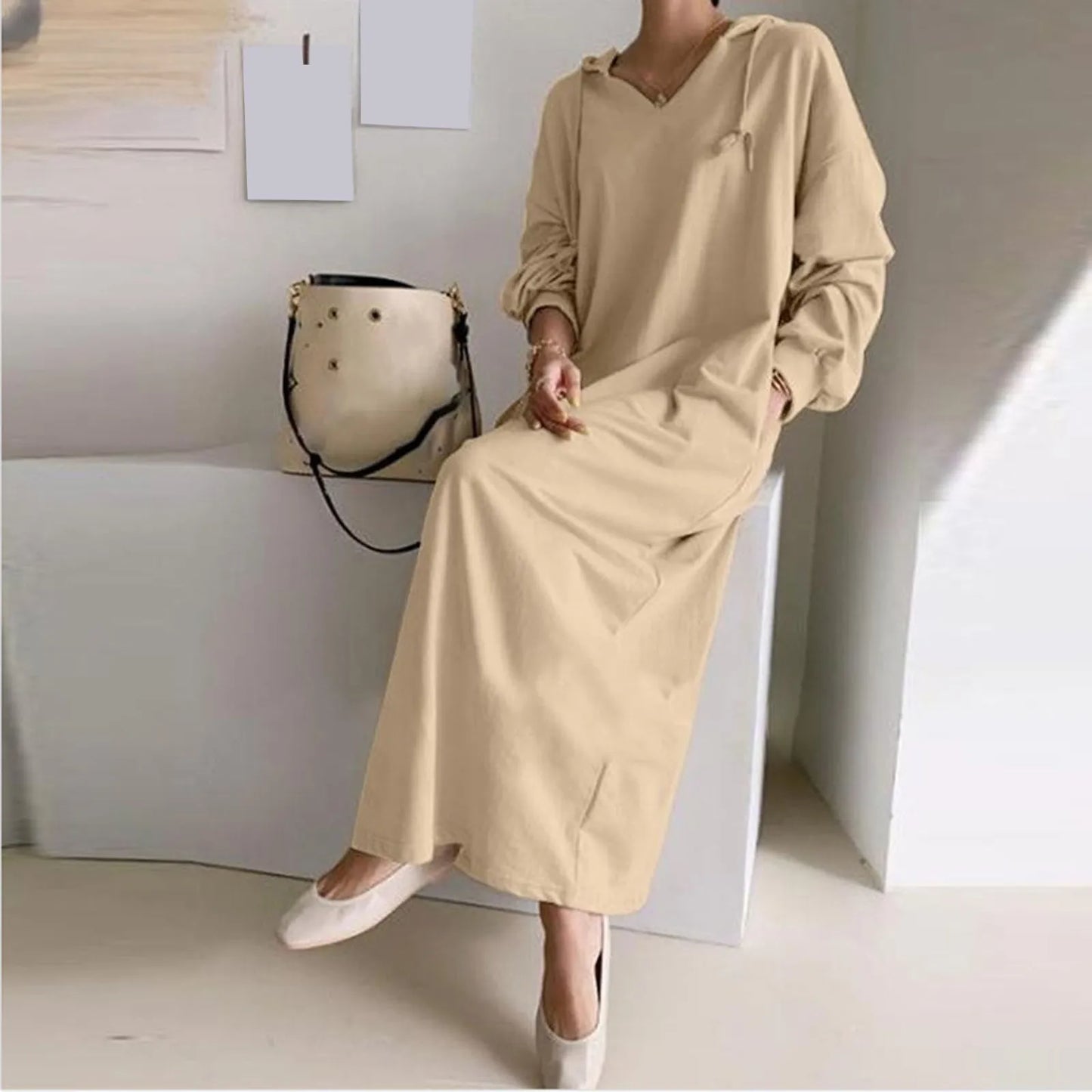 Solid Loose V Neck Casual Fashion Hooded Long Sleeve Drawstring Autumn Ladies Knee Length Dress