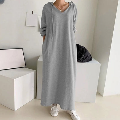 Solid Loose V Neck Casual Fashion Hooded Long Sleeve Drawstring Autumn Ladies Knee Length Dress