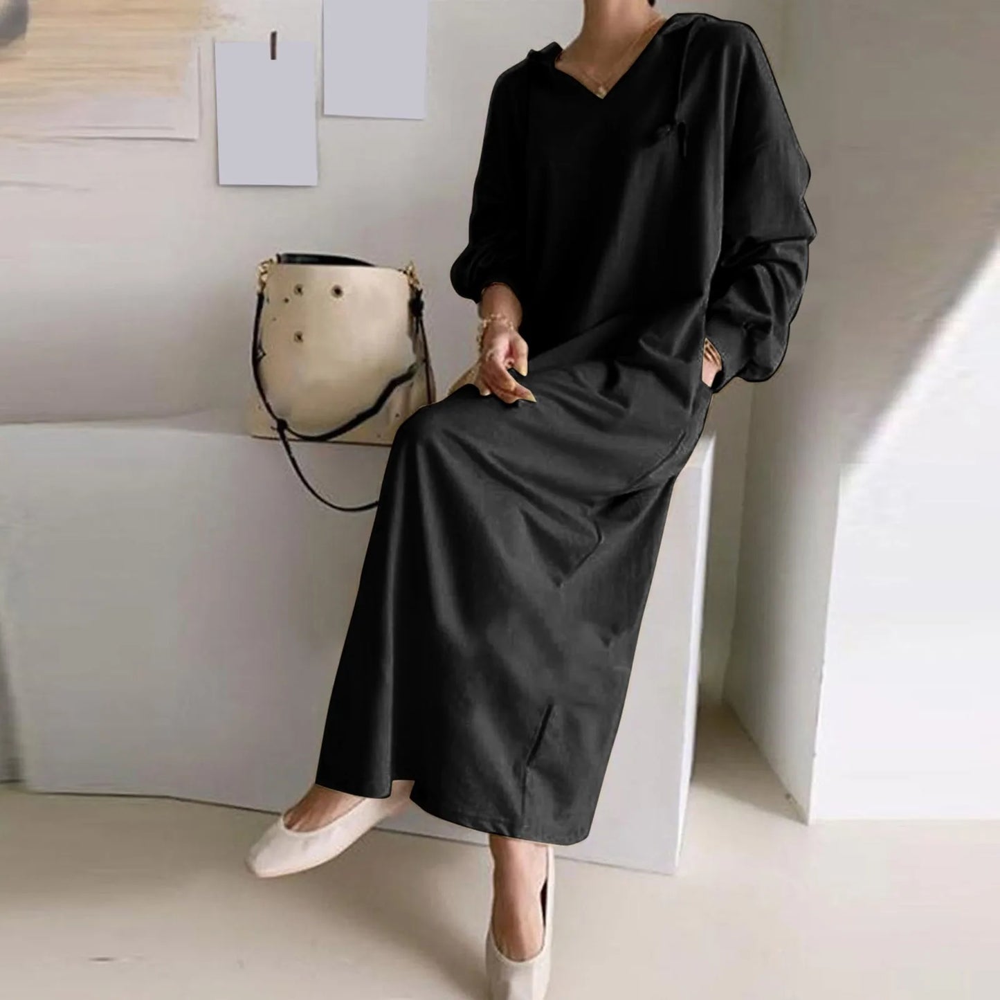 Solid Loose V Neck Casual Fashion Hooded Long Sleeve Drawstring Autumn Ladies Knee Length Dress