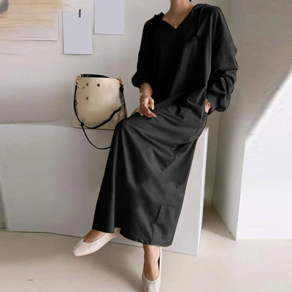 Solid Loose V Neck Casual Fashion Hooded Long Sleeve Drawstring Autumn Ladies Knee Length Dress