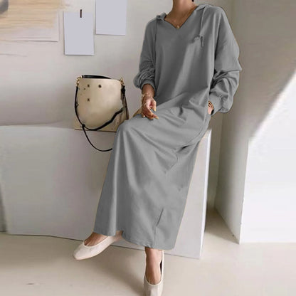 Solid Loose V Neck Casual Fashion Hooded Long Sleeve Drawstring Autumn Ladies Knee Length Dress