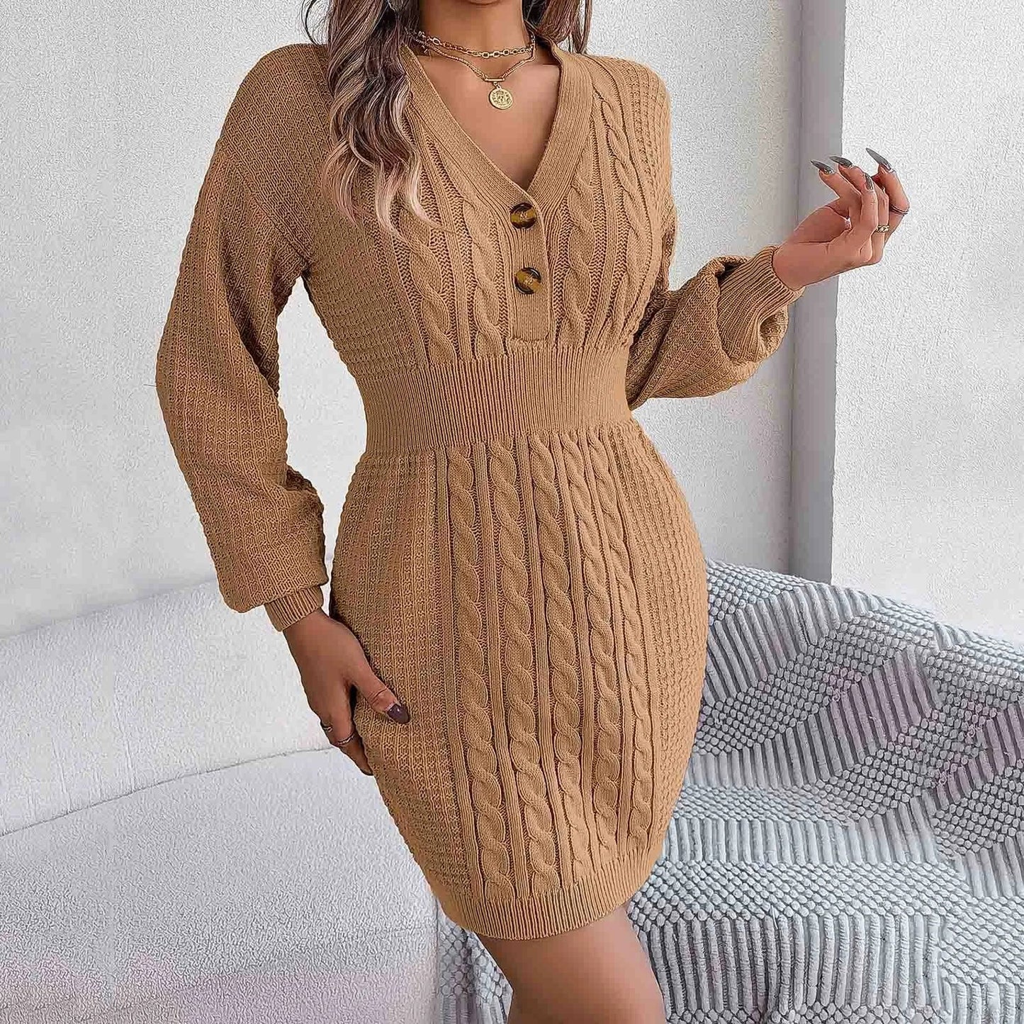 Long V Neck Button High Elastic Knit Striped Sweater Spring Autumn Dress