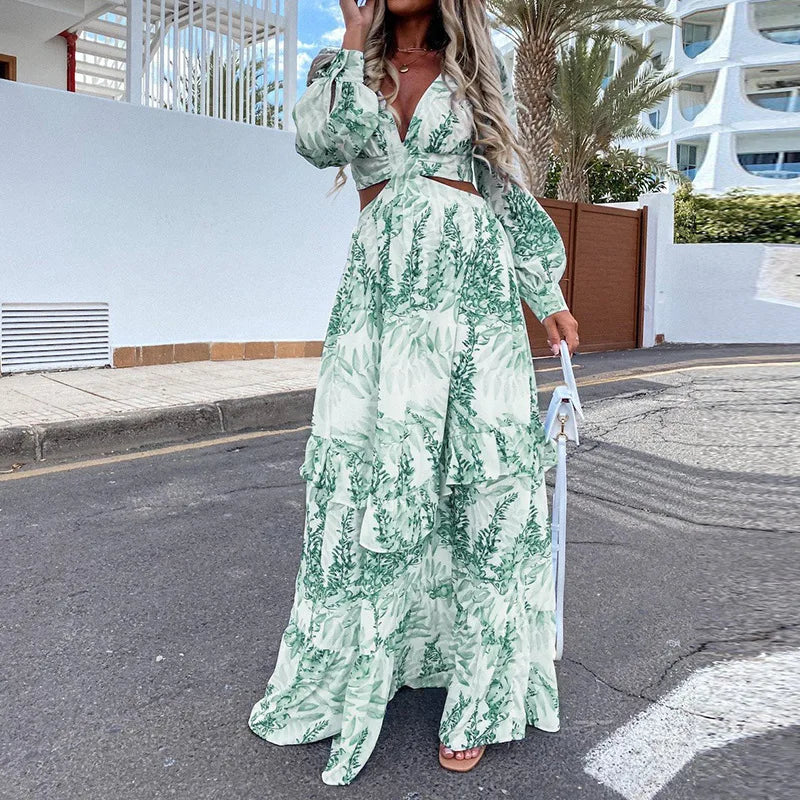 2024 Elegant V-neck Sleeveless Print Maxi Boho Dress