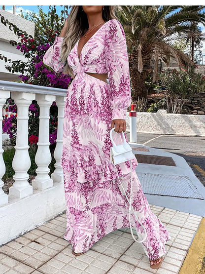 2024 Elegant V-neck Sleeveless Print Maxi Boho Dress