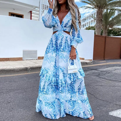 2024 Elegant V-neck Sleeveless Print Maxi Boho Dress