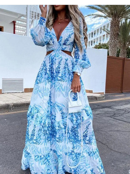 2024 Elegant V-neck Sleeveless Print Maxi Boho Dress