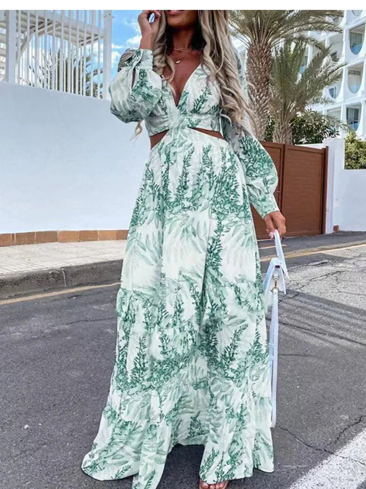 2024 Elegant V-neck Sleeveless Print Maxi Boho Dress