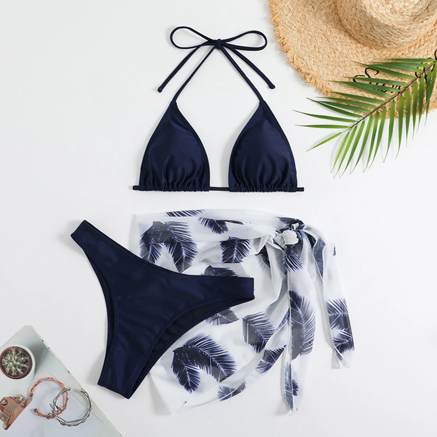 Women's Beach Sarong Backless Leaf Printing High Waisted Shorts Bikini Sets