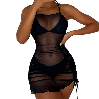 Sheer Mesh Wrap See Through Dresses Solid Cover Ups Bikini Sets