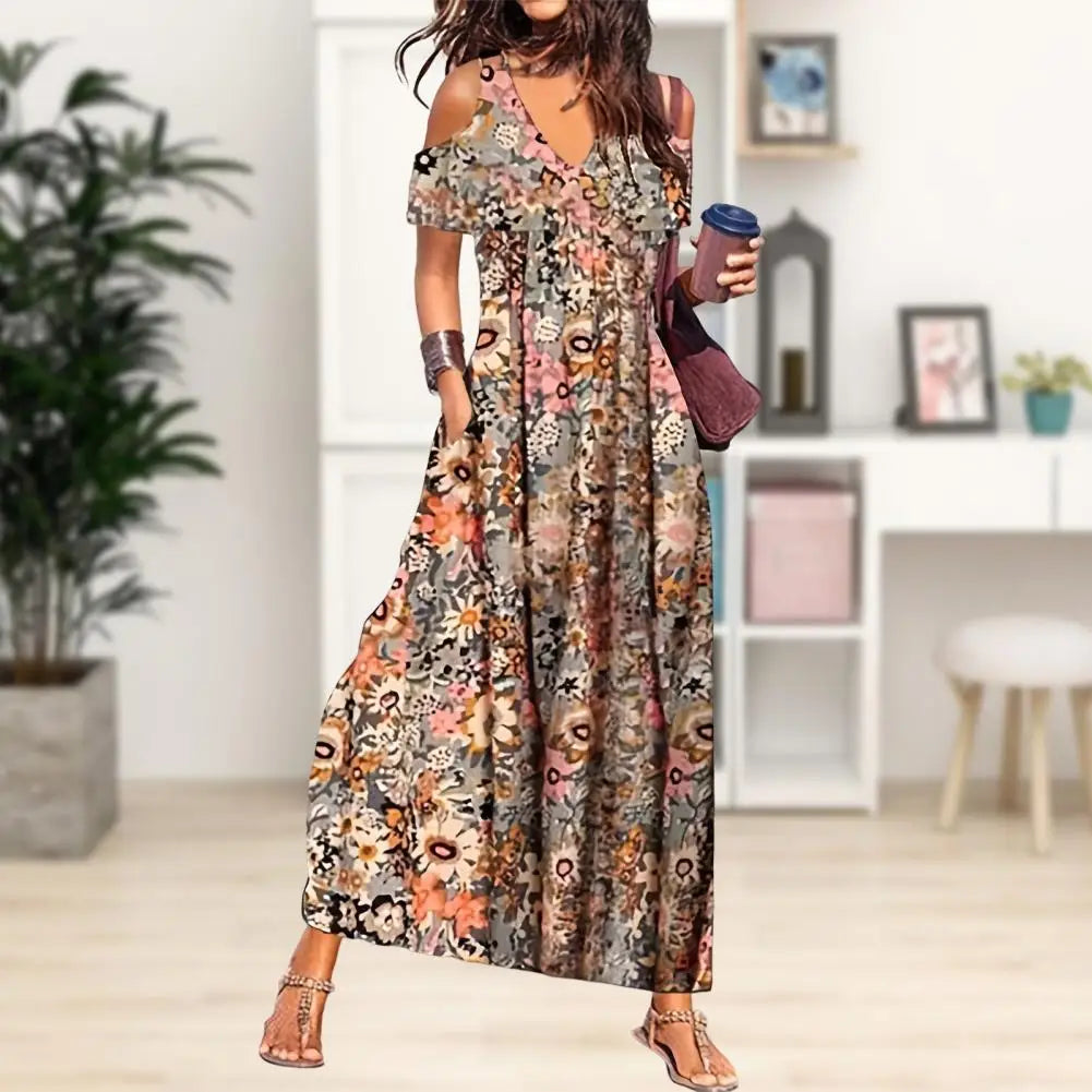 2024 Flower Print Hollow Out Pleated Maxi Boho Dress