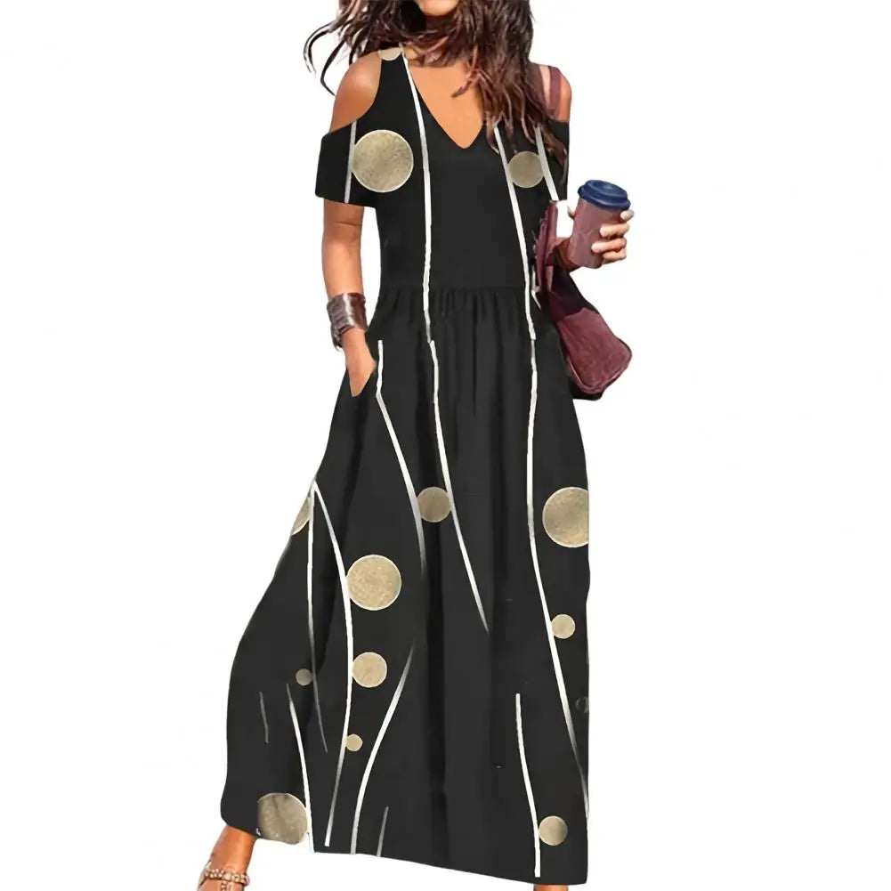 2024 Flower Print Hollow Out Pleated Maxi Boho Dress