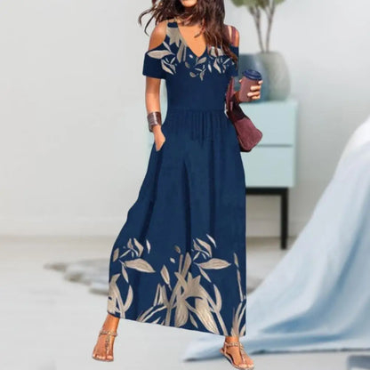 2024 Flower Print Hollow Out Pleated Maxi Boho Dress